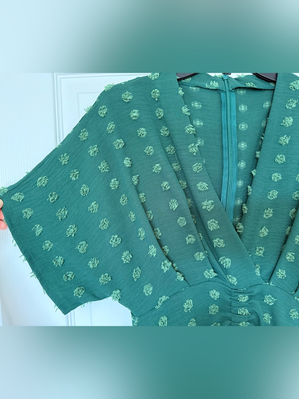 Unlabeled Beautiful Green Textured Dot V-Neck Midi Dress Sz 8?